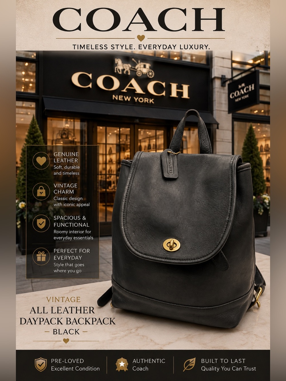 Coach Vintage All Leather Large Daypack Backpack - Black